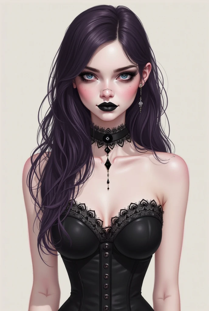 1girl, black hair, black lipstick, black eyes, black dress, pale white skin, score_9, score_8_up, score_7_up,