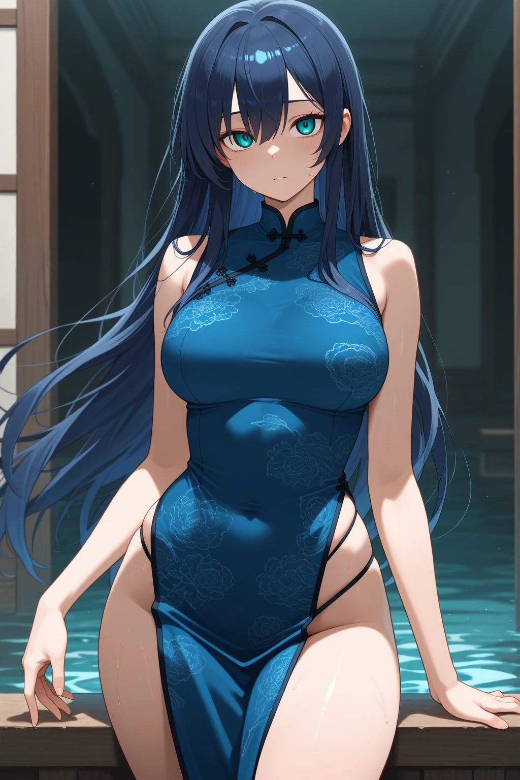 She is touching her clit in her Chinese dress、8K、、Highest quality、Tabletop、Ultra HD、Ultra-detailed、so beautiful、Ultra-detailed髪質、so beautiful、Portrait、Esbian all over、Captivating look、Beautiful woman、Long Blue Hair、blue eyes、Glowing Skin、bursting breasts、Very large breasts、Very big ass、Water droplets running down the skin、The background is a great night pool、naked、Excessive pubic hair growth