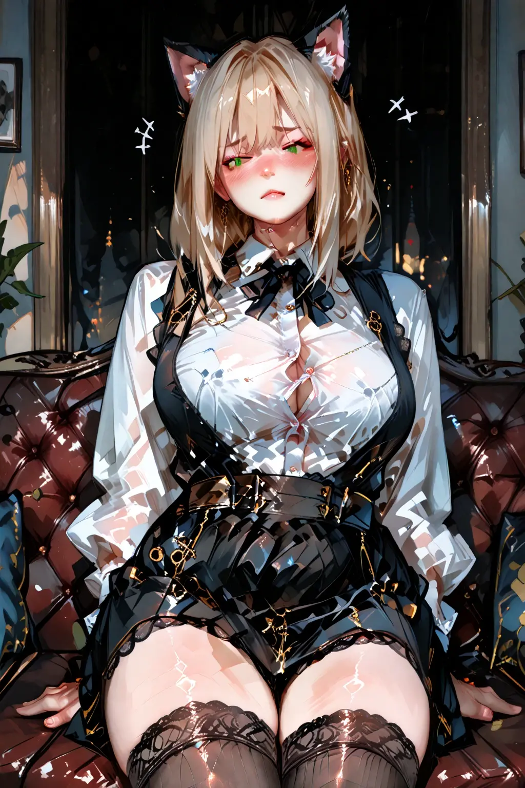 ((Highest quality, Very delicate,8k,masterpiece)), (Sexy pose:1.2,Sitting ), (Beautiful blue eyes with highlights:1.3, A face with attention to detail), One person, whole body, Alluring, Beautiful long blonde hair, Very large breasts, A Bra in the Making, Frivolous look, buttoned red negligee jacket, close, Pink Lips, Warm Light, Open the thighs, garter belt, Juicy Tights,