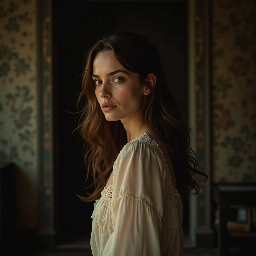 romantic style, masterpiece, best quality, 8k, artstation, sharp focus, ultrarealistic, high details, 
raw photo of dreamy victorian  Mia Wasikowska as Jane Eyre with iphone in hand, natural skin texture, 
((((cinematic look)))), soothing tones, insane details, intricate details, hyperdetailed