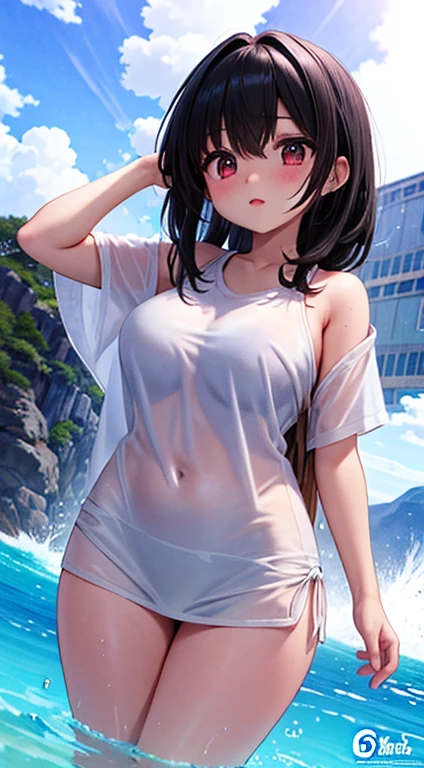 score_9,score_8_superior,score_7_superior,8k, High resolution, 5 years old、beautiful girl, bright black hair, Thin Hair, Small face, cute、Large Breasts、Highest quality,Japanese face、small mole on the corner of the eye,((Puffy eyes))、(superior目づかい)、Short Bob、Riverbank、口角superiorがる、Beautiful legs、Flower Hair Ornaments、sexy、Sensual、Blushing、Palm tree、Ocean、Oversized white T-shirt、orgasm、