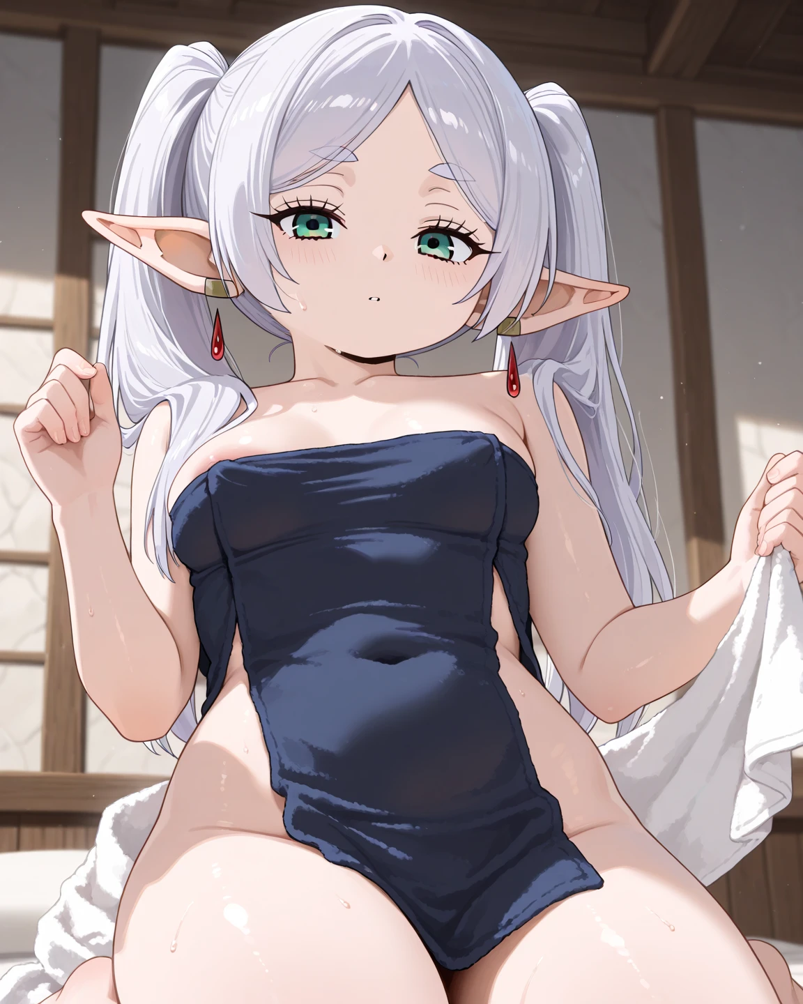 (nsfw), masterpiece, high quality, 4K, Wow_fast_no_Freezing_style, One girl, Very long hair, Silver Hair, Twin tails, Pointed Ears, Fairy, (Topless:1.5),(tits:1.5), Green Eyes, Athletic ability, Small breasts, Pointed Ears, baby doll, See through, underwear, underwear only, smile, Aggressive girls, indoor, Sitting, On a white bed, Anatomically correct