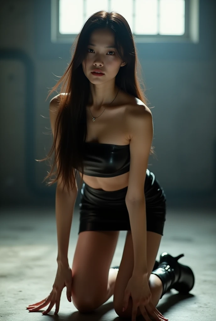 <lora:hwasa_V10:1>, Photoof hwasa, masterpiece, best quality, professional artwork, cinematic lighting, ultra-detailed, 8k resolution, photo-realistic, 1girl, beautiful, perfect face, detailed face,((detailed eyes)), mature, solo, beauty, lace, (skinny, fit), choker, earrings, necklace, pale skin, black suit, ((open thigh)), ((closed mouth)), lipstick, gloves, (((short black hair))), smile, depth, background blurred, brick wall, graffiti, alley, city, rain, night, street lights, unique, nose ring, piercing, midriff, beautiful eyes, ripped top,, (((full body))), ((long shot)), ((Full length)),((large hips)), (fixed eyes), ((from below)), ((140CM length))