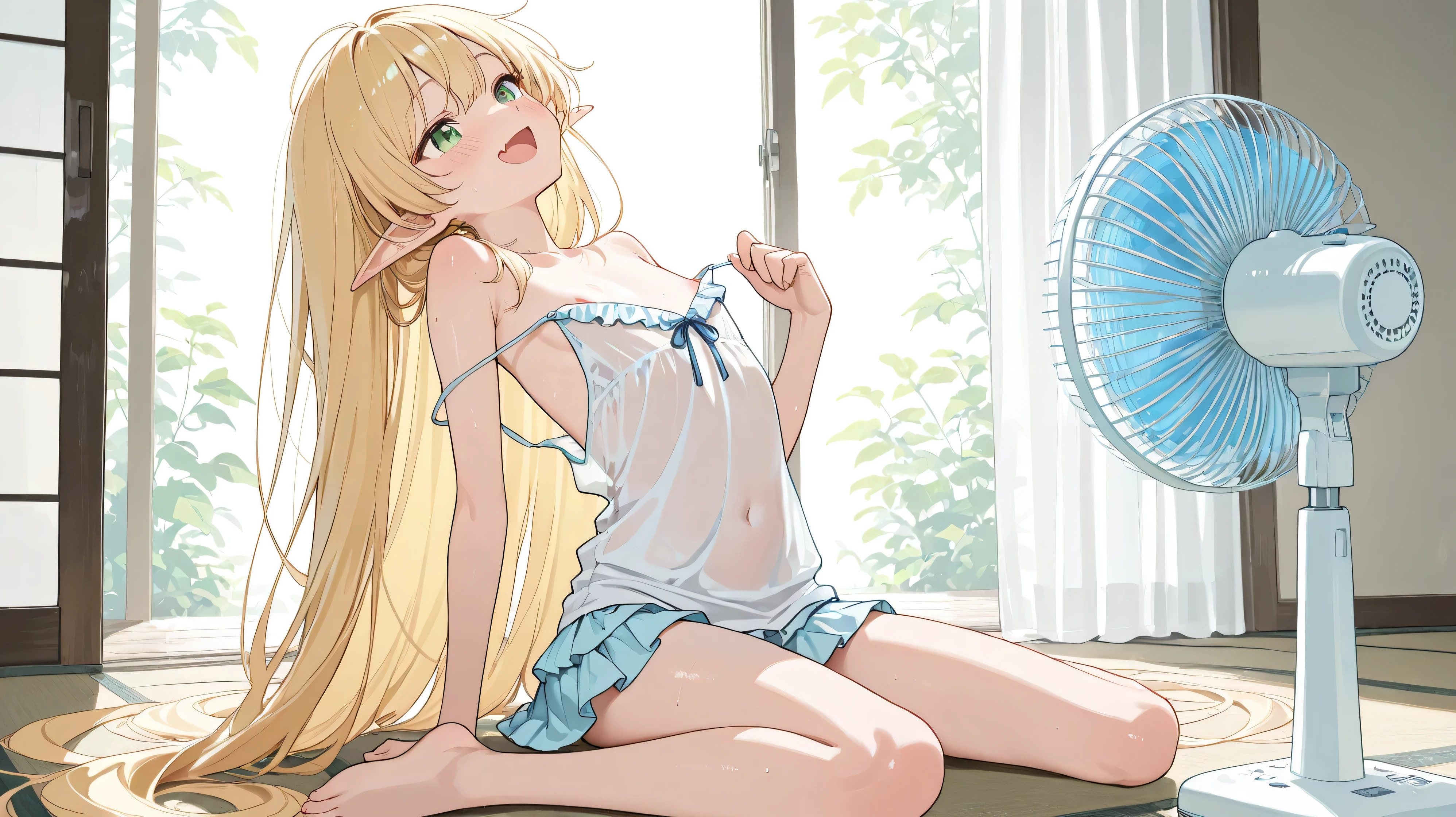 、solo,((((1girl))))、nsfw,Round face、,(masterpiece), (Superb), , perfect face, highly detailed faces while jumping, highly detailed faces while jumping, beautiful girl,Slim、((thin legs))、8k,、 Detailed Eye Description、,Elf、((flat chest))、((green eyes))、Blonde、 skin fang、(absurdly long hair)、summer、morning glory、、blush and my ears are red、embarrassing、smile、((Breast flash、))、(Sunburn),open your mouth、spread ,sideless camisole strap slip,Ruffle Miniskirt、wariza、縁側、Electric fan