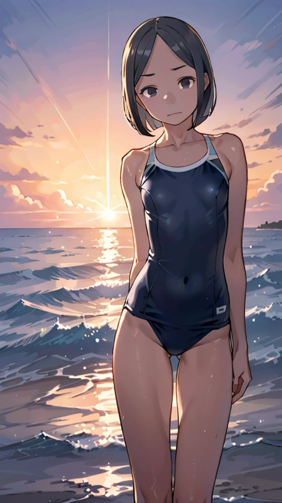 (gleaming skin:1.3), A young girl with black short hair, sky-blue eyes, wearing a one-piece swimsuit, standing, beach. crowd. arms behind back.