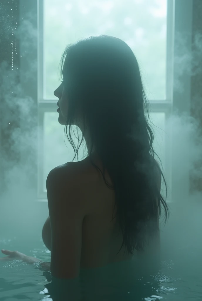 I want a beautiful woman with green eyes and long hair in the bathroom stall with her back turned taking a shower.