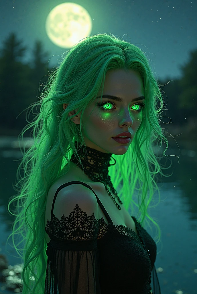 A female alien that look likes a woman with long curly hair and medium breasts, 30 years old, her skin is green, her body swap os medium, is wearing a black dress and looking at camera with a smile.