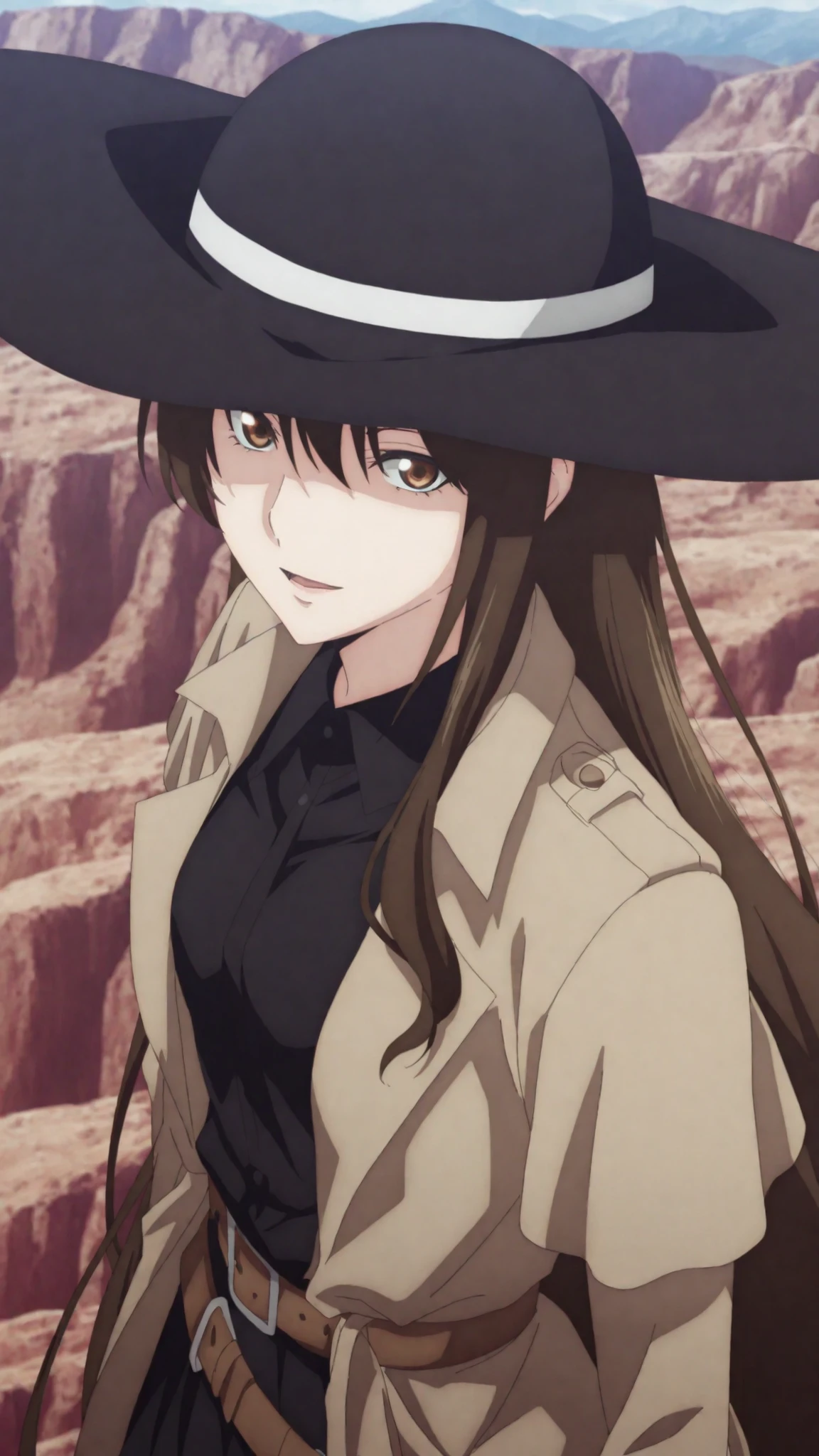 kazuki,ishura
High quality ,  best quality , masterpiece,  High Resolution ,,anatomically correct,,anime Coloring
solo, 1 girl, Beautiful women, adult women, cool women,
, very long hair, brown hair, brown eyes,, black Wide brim hat , hair between eyes ,small breasts
, black long collared dress ,black long skirt,long dress ,center frilled, brown trench coat(close coat,brown Cloth belt, 
looking at viewer ,close up,upper body,face focus,face zoom,from above
, mountainous district, on the canyon
 ,open mouth, sirius face,light smile,, 