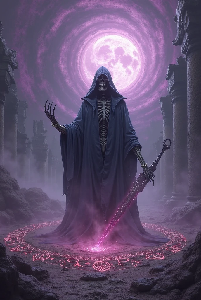 Dark Rune Astrologer,, Black Gold Astrologer,, magic void energy, Glowing eyes, Death Lightning, death energy ball floating on it's Bone Hand, Casting a Spell, Energy Splitting, Bone Hand, Wearing a luxurious cloak, Astral Skull Floating, Land and rocks float with the power of astrology, detailed glowing runic line floating around, Bones and skulls littered the ground, Deep purple energy, floating in the air, e-chains®, Magic array on the ground,,detailed,Practical,4k highly detailed digital art,Octane Rendering, Bioluminescence, 8k resolution concept art, realism,Designed by Mappa Studio,masterpiece,best quality,Official Art,illustration,Clear lines,(Cool_color),Perfect composition,ridiculous, fantasy,concentrated,The third law