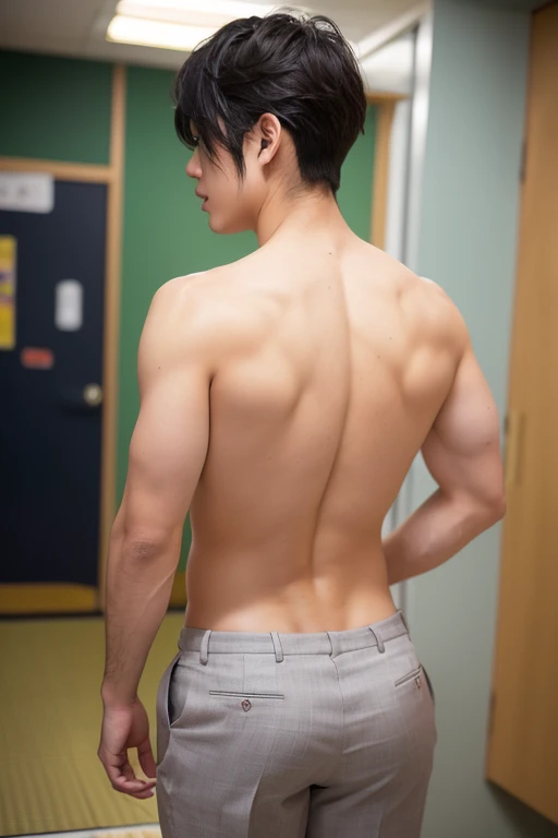 18-year-old boy, Completely naked ,Smooth Skin Library Black Hair,   Thin、Beautiful Boy、Japanese、Dark Eyes、whole body、Back view、Butt、turn around、Short Hair