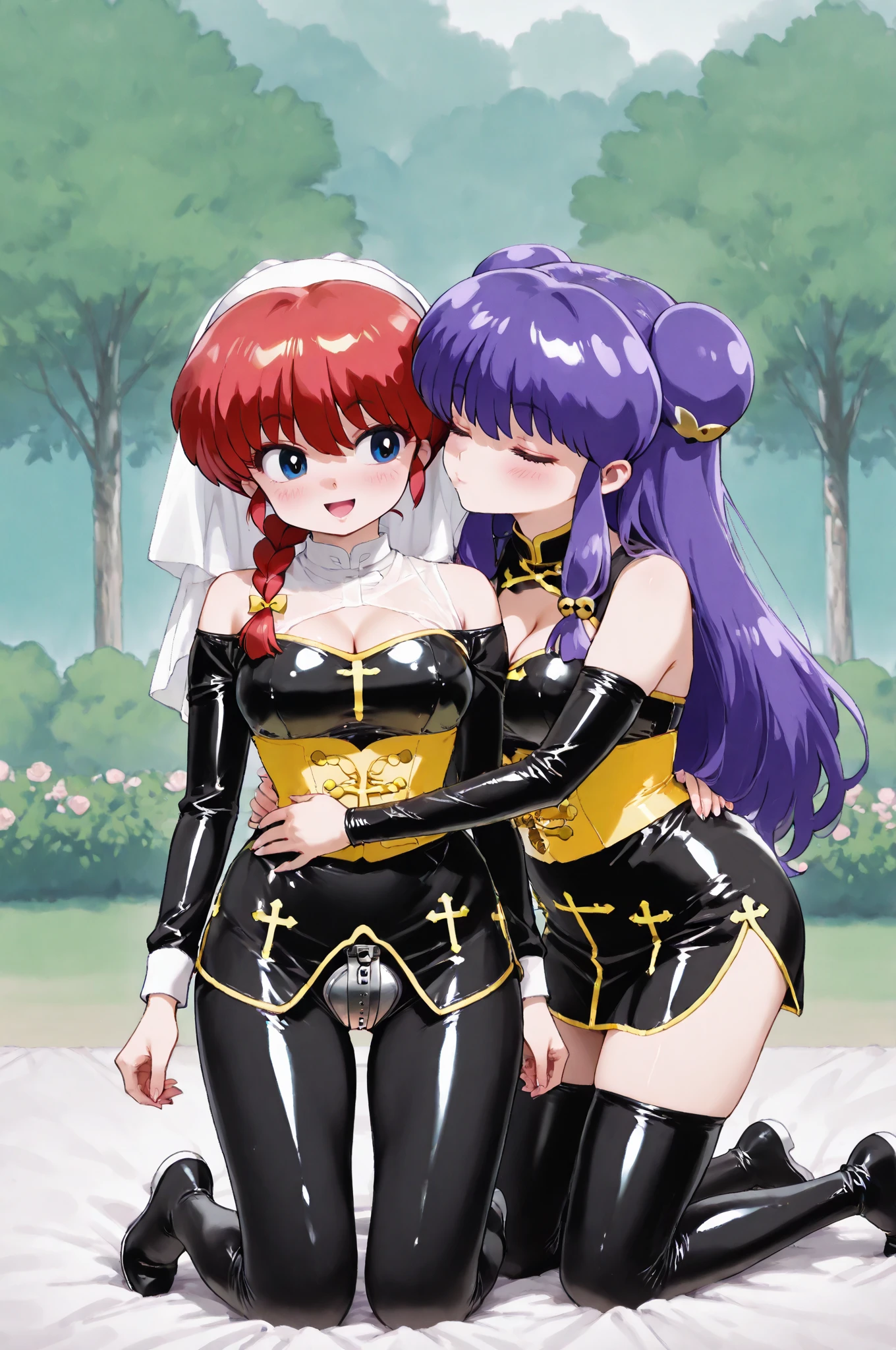 asanagi score_9, score_8_up, score_7_up, 2girls, blush (wedding_dress:1.5),long_dress (leash) bridal veil, (wide_hips:1.2) holding bridal bouquet, sleeves past fingers, 1boy, male collar, chain, cooperative fellatio, teamwork, threesome, nude male clothed female, erection, penis, lipstick marks, heavy breathing, mature female, earrings, precum, cathedral, romantic, delicate design, gigantic breasts, STARFIRE, BLACKFIRE