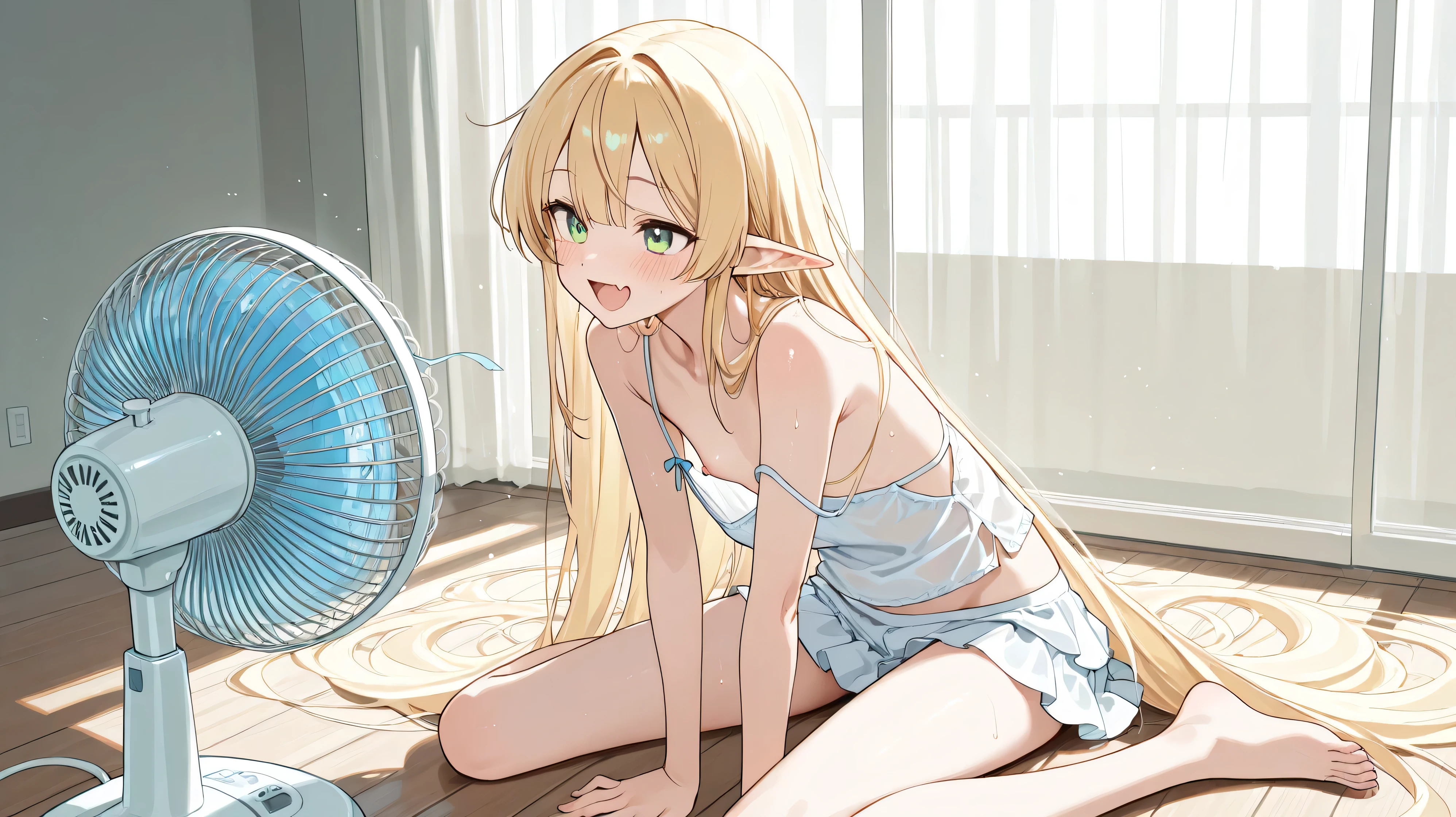 、solo,((((1girl))))、nsfw,Round face、,(masterpiece), (Superb), , perfect face, highly detailed faces while jumping, highly detailed faces while jumping, beautiful girl,Slim、((thin legs))、8k,、 Detailed Eye Description、,Elf、((flat chest))、((green eyes))、Blonde、 skin fang、(absurdly long hair)、summer、morning glory、、blush and my ears are red、Embarrassing、smile、((Breast flash、))、(Sunburn),open your mouth、spread ,sideless camisole strap slip,Ruffle Miniskirt、wariza、縁側、Electric fan、barley tea