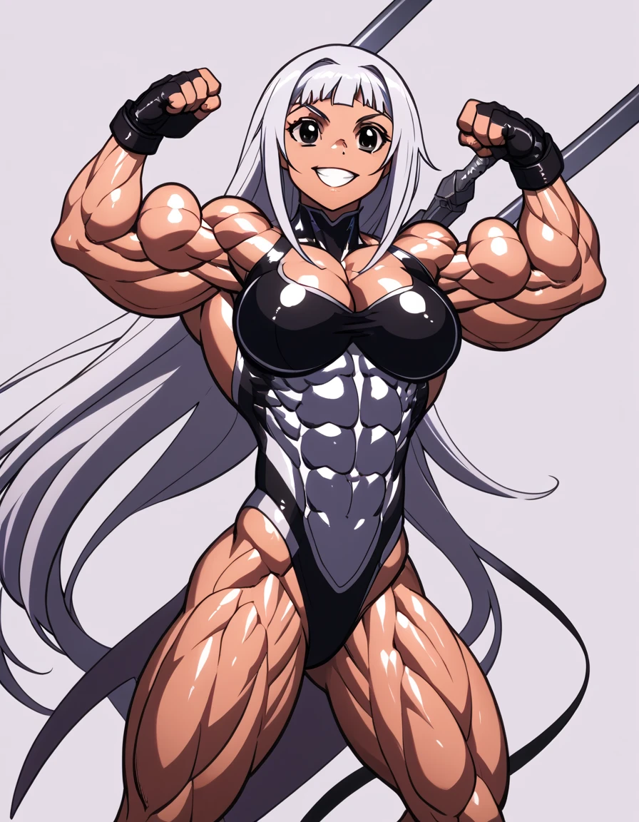 Make the image of a woman, She Has Long White Hair, red vertical pupils, a muscular body with strong arms and defined thighs, a white outfit, breasts big, and a white aura over your body, she has a serious expression on her face