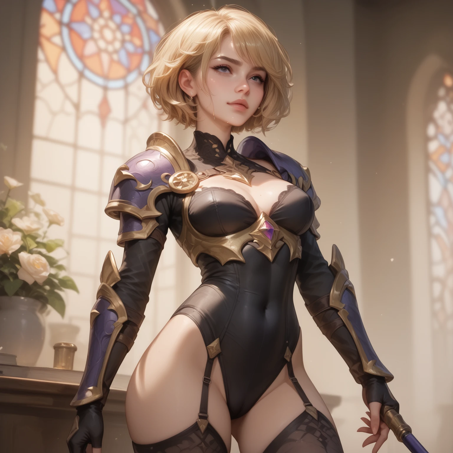 8K、Super Beautiful Elves、real looking skin、Luxurious purple and black chest armor、elf-ears,Model Chute Style、(Highly detailed CG Unity 8k wallpaper)、Full shot body photos of the most beautiful artwork in the world、Front Four Poses、Elven Demon Slayer、Blonde short bob hair、Green Valley,Purple and black skirt、Pearl Skin、Diamonds、medieval architecture、Ed Brink、Ateigairan、Studio Ghibli、Jeremy Mann、Greg Manchess、Antonio Moro、trending on artstationh、Trending in CG、 Precision and、Up to detail、Sharp focus、Dramatic and photorealistic painting art by Midjourney and Greg Rutkowski、Sexy costume、Blue eyes、See the viewer、beautiful expression、Emphasize cleavage、Beautiful decoration、Black flames emitted from the body(Tremendous large black flame effect),a smile,