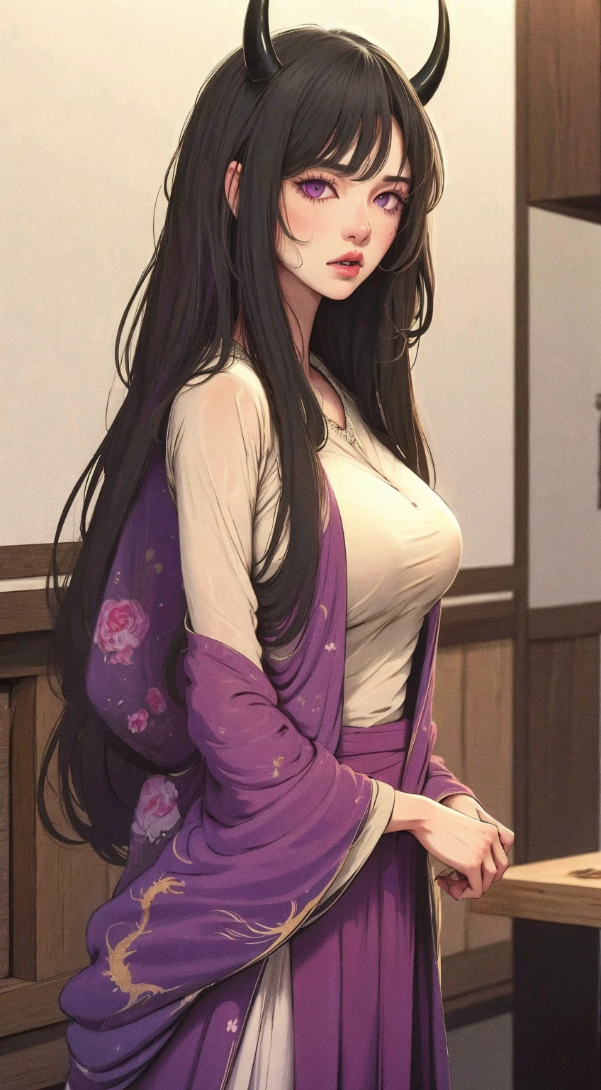 Creating an illustration of a mature woman in her thirties, black long hair!!!, purple eyes!!!, fair skin. she's wearing nothing!!!, she nude!!!, she bored expression - she is in temple - digital art style