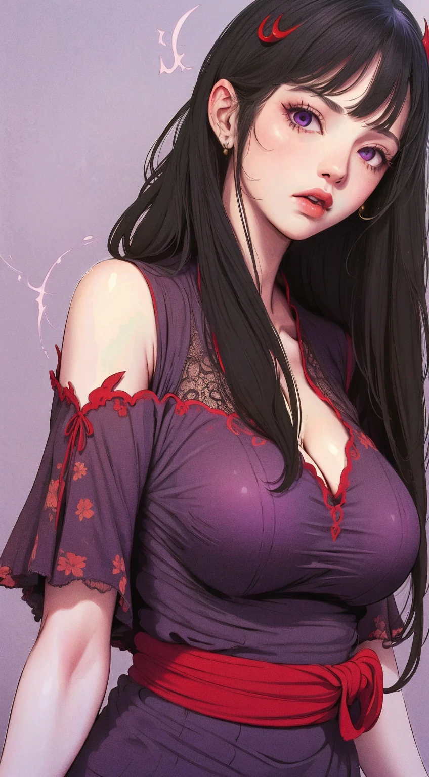 A beautiful waifu named Nezuko Komado with pink eyes, long flowing black hair, large breasts, and thick thighs, standing in a relaxed contrapposto pose with her hands behind her back, she’s facing viewer straight, having a dramatic, neutral expression on her young face, her tank top revealing pronounced cleavage and sideboob, her long hair fluttering in the wind, with a pale color gradation, blending retro elements, contemporary digital art, and surrealism, with intricate details, (best quality,4k,8k,highres,masterpiece:1.2),ultra-detailed,(realistic,photorealistic,photo-realistic:1.37),HDR,UHD,studio lighting,ultra-fine painting,sharp focus,physically-based rendering,extreme detail description,professional,vivid colors,bokeh,portrait,dramatic,vintage