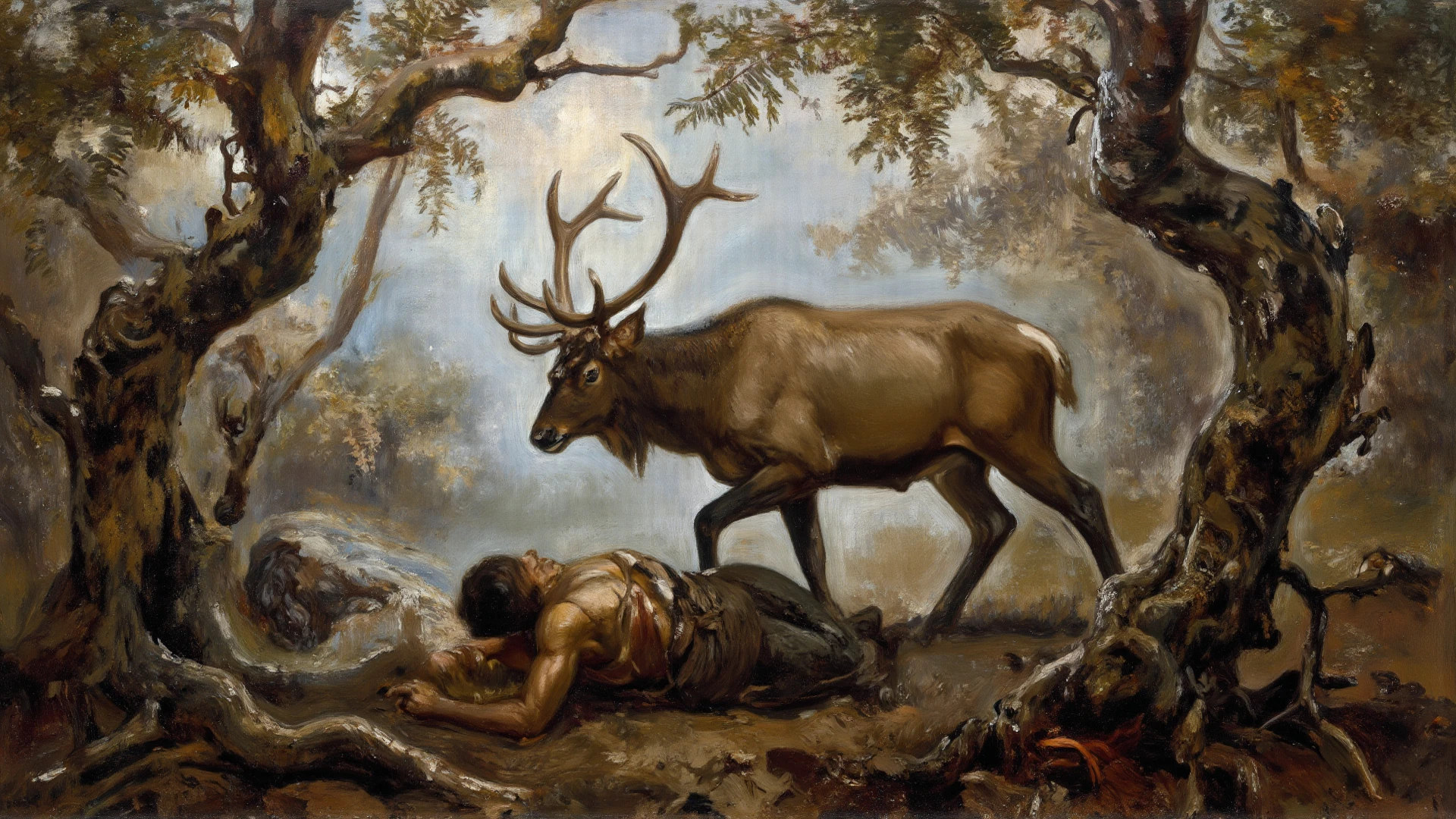 (masterpiece, best quality, 4k, dreamlike, hyperrealistic:1.35), (male Actaeon being killed by his own dogs:1.5)