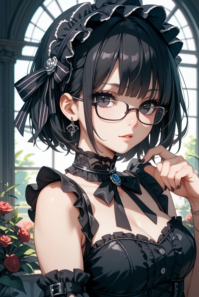 (64k, RAW photo, highres, best quality, masterpiece:2.0), (ultra-fine depiction of the detail:2.0), (realistic, beautiful, photo-realistic:1.3), 1girl, (yuri alpha), (long black hair, slightly messy), (slightly messy diagonal bangs:1.1), (single braid bun), (shiny black hair, blue-gray eyes),(cool glasses), (gothic style vivid blue choker), (blue bowtie and ribbon) (simple but high-quality maid dress), (elaborately designed, vivid dark emerald green, spiked gantlets), (solemn maid dress with gothic style coreset), (huge breasts, sexy cleavage), (elegant and handsome woman), (shiny skin, pink lips), (looking at the viewer), (closed mouth, a faint smile), (a caring, gentle gaze towards the viewer:1.2), (at a quiet concert hall stage, seated in a chair by the grand piano, in the night, hall is filled with solemn, mysterious atmosphere), (highly sophisticated professional HDR, with effective ambient occlusion, perfectly optimized effective spot light and front light:1.8), (perfect, natural, harmonious composition), (photo-realistic, ultra-detailed:1.5), ((portrait:1.6))