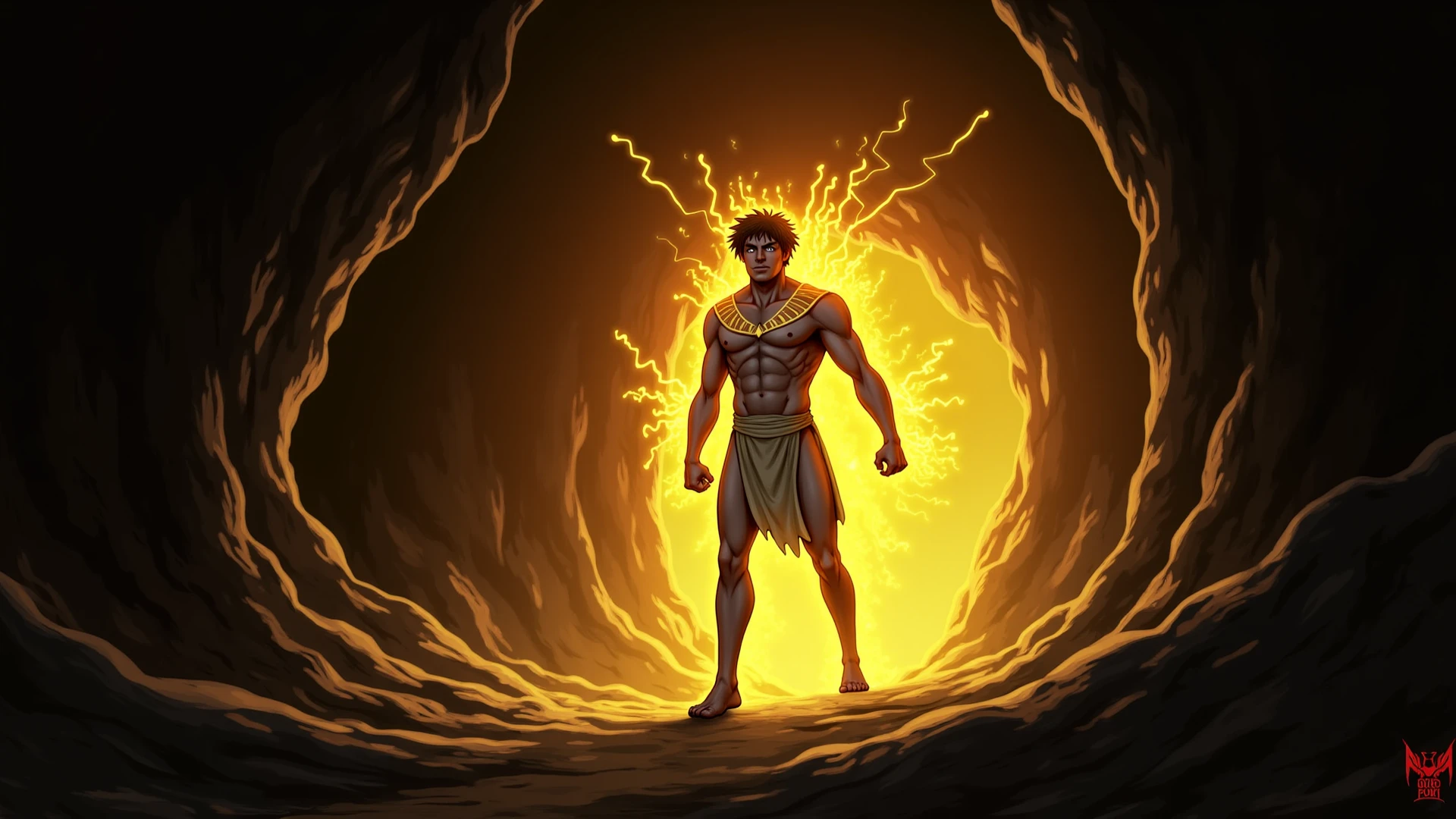 close-up of a man wearing a hooded yellow robe, beard, in a dark cavern, otherworldly ambience, best quality, illustration, oil painting \(medium\), <lora:TomFin:0.3> t0f