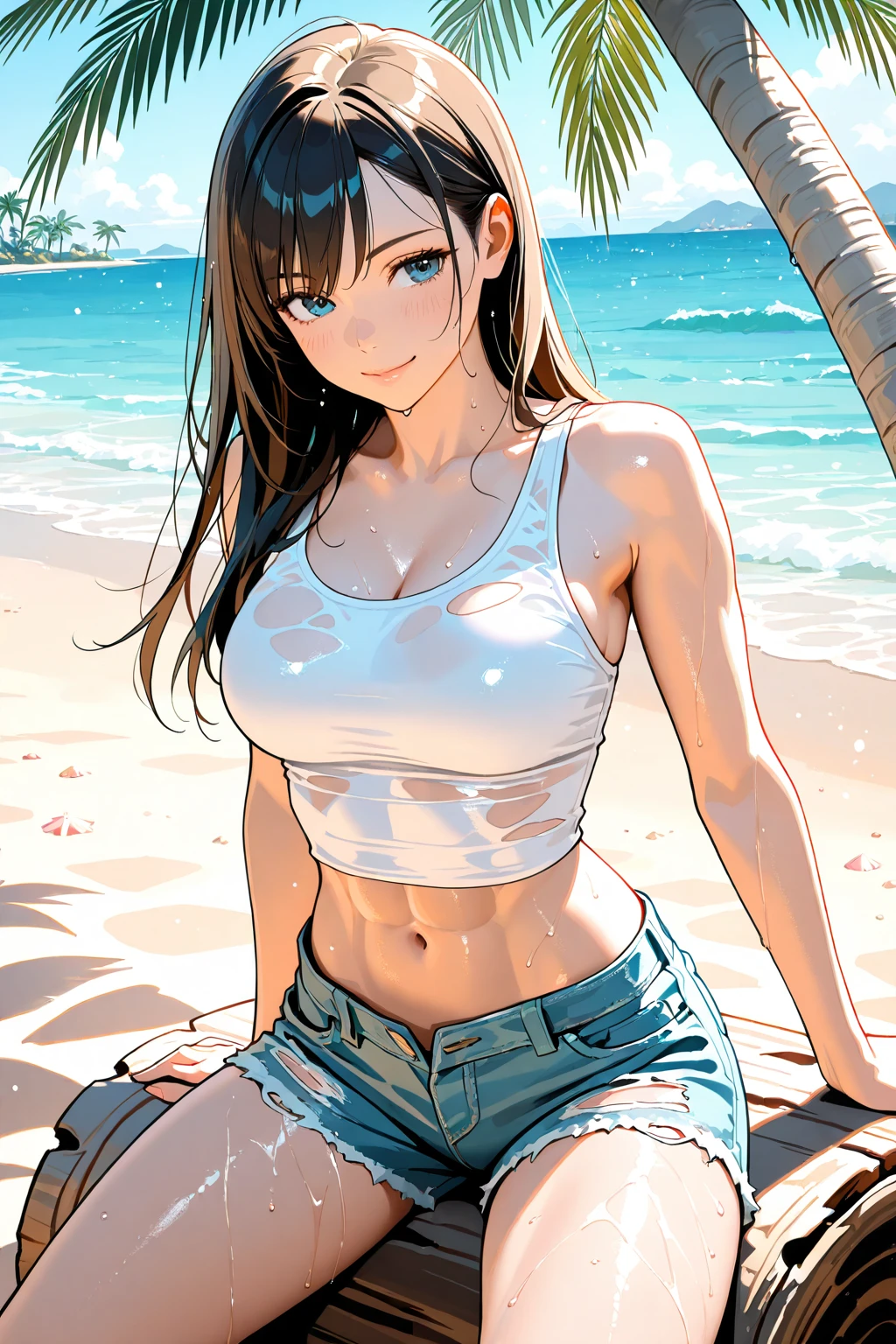 arafed woman in a bikini top and denim shorts on a beach, 2 4 year old female model, topless, standing at the beach, at the beach, at a beach, 21 years old, thicc, beach pic, 2 2 years old, in the beach, 1 8 yo, 18 years old, sexy girl, busty