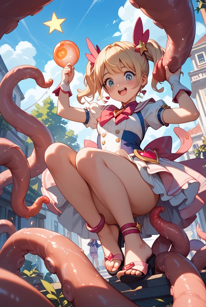 Browsing Caution,(Tentacle Hole,Arms covered in tentacles,Tentacle-covered legs,A transforming Sailor Warrior heroine with pink lines on white fabric,Shiny ruffle skirt、Metallic Leotard Armor,No sleeve,Waist ornaments and armor adorned with large jewels,Transformation Heroine Hair Accessories,Torn white transforming heroine thigh-high socks,A big red ribbon and a big jeweled brooch,Shining white heroine costume,Tight transforming heroine gloves:1.5),(Men and women having sex,A transforming heroine gets raped:1.5), (vagina,penis:1.5),(Wide-open legs,Wide open arms,A girl with her limbs buried in a giant mass of tentacles,Arms and legs stretched:1.5),(tentacles surrounding the girl,His arms are covered in tentacles up to his shoulders,Her legs are covered in tentacles up to her thighs,Tentacles bind limbs,Massive bukkake,get off:1.3),belly button, (The girl is angry,Open your mouth:1.3),Sweat,Love Juice, (Petite Girls,young,thin,Very small breasts:1.5),Blonde twin tails,underground,Perfect Face, Perfect Anatomy,(Cowboy Shot:1.5),(vaginaから溢れる:1.2)