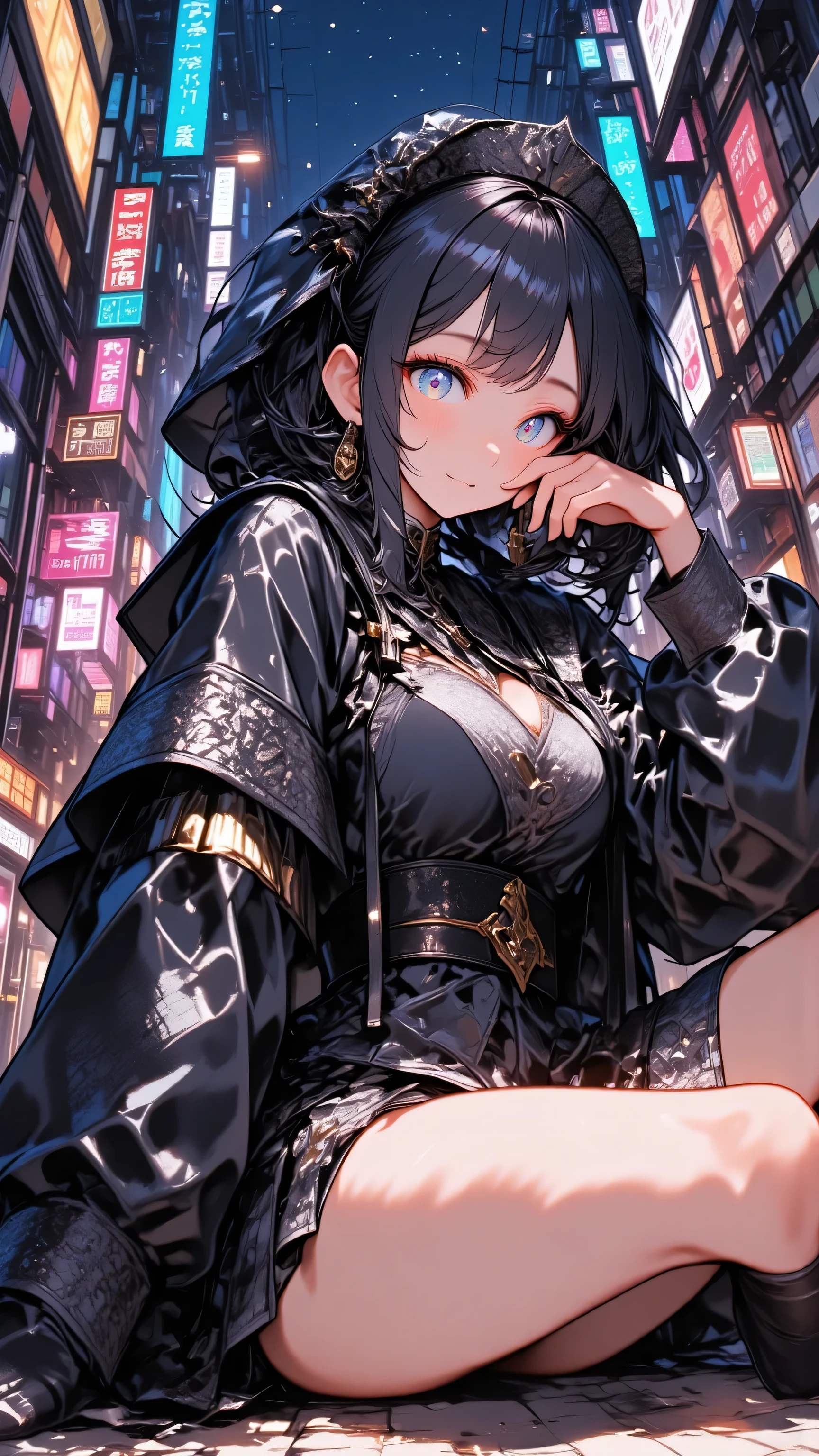 Priestess Girl、Little Girl in a Maiden Costume、 my hair\(白い my hair,long hair,detail,shiny,is fine\),sitting on the ground,Impressive Low Angle、watch viewers/ Beautiful sparkling eyes///.Background\(at alley,Harajuku\( Tokyo ,Japan\),At night, dark\).Quality\(8k,極めて精細なCGユニットのWallpaper, high resolution, top-Quality, top-Quality real texture skin, hyperrealistic, increase resolution, raw image , best Quality, pores are visible downward, Wallpaper,The golden ratio,High Saturation Realism , bright color, dramatic lighting, compelling story , 雰囲気のあるScenery, Dynamic Composition , Exquisite Details Surrounding the Earth, Strong emotions,A Dreamy World with a Kind Personality\).Scenery.bright color