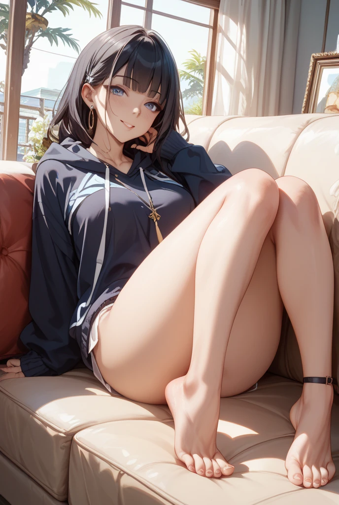 1 girl, masterpiece, best quality, realistic, real, temptation light smile, short shoulder length hair, attractive eyes, (small breasts), (fancy hoodie), (showing cleavage),, extremely detailed, full body, in the modern hotel room, (floor to ceiling windows with ocean view), nsfw,