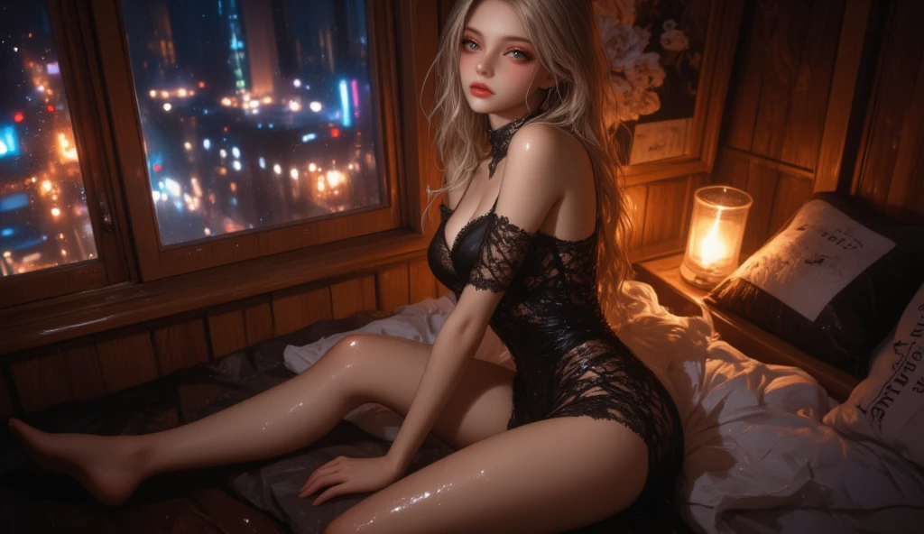 Girl sitting with raw legs, beautiful eyes, long and detailed hair, 4k, ultra realistic, ultra detailed, short clothes, transparent clothes, night, sexy, hot, lighting