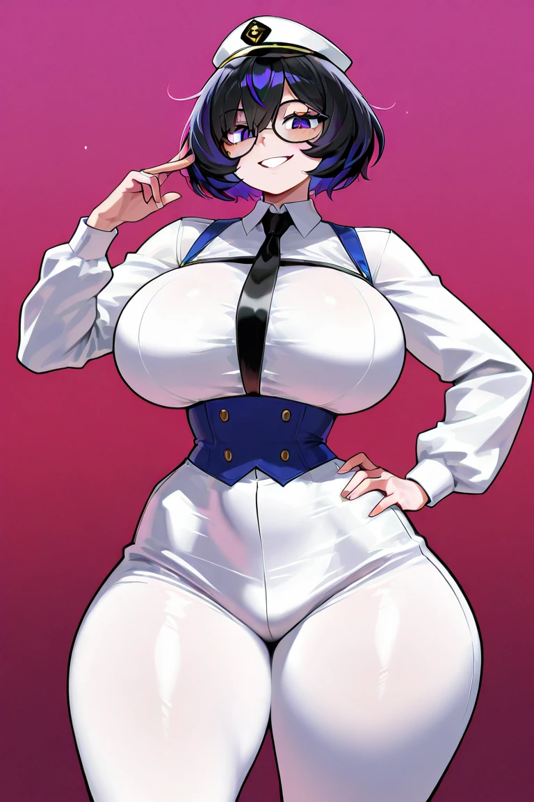 (Perfect body),Best Quality,(8K Portrait),(Official art)、((NSFW))、(( Protruding ))、(((muscular)))、(Police Hat)、(Navy blue jacket)、embarrassed from、1girl in,(:D)、(V-shaped eyebrows)、showing teeth、(((thick thighs)))、(((blush))),(Sweat),((((large udder))))、(big butts)、(Dark hair),((bob cuts)),Short hair, (Yellow eyes),(((Navy blue leotard)))、Black knee socks、((Hands on hips))、spreading legs、(Office room)、