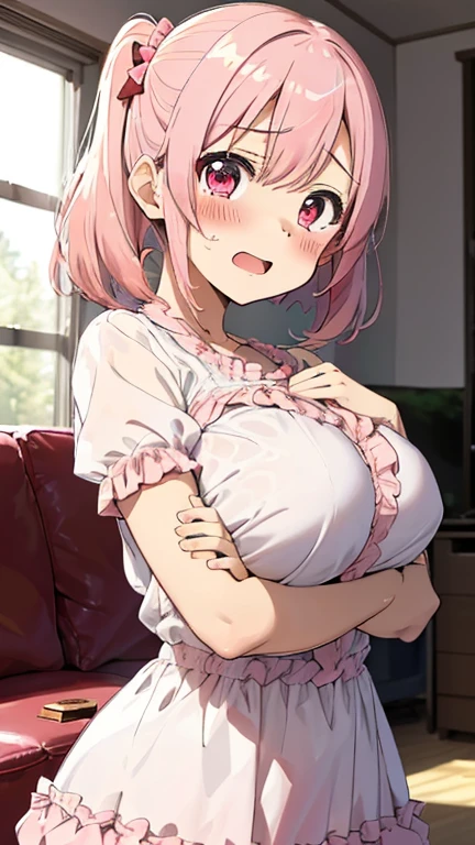 mastute piece,Best Quality,insanely detailed,8k cg,nsfw,
shoot upper body,(body in front:1.1),1girl,standing,looking at viewer,(nudity,white t-shirt on naked:1.3,bare:1.2),BREAK,blush,shy,ecstasy face,gasping,(trembling:1.2),pink hair,break,open mouth,bedroom,