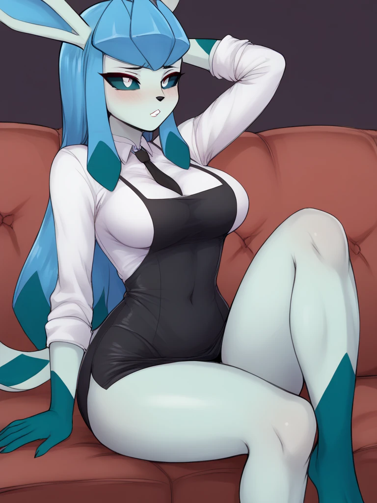 Solo, score_9,score_8_up,score_7_up, source_furry, an Anthro furry Glaceon female, blue sclera, white eyes, wearing white open button up shirt, black bra, black thong, thigh high socks, looking bored, sitting on a grey couch, legs spread, simple grey artistic background 