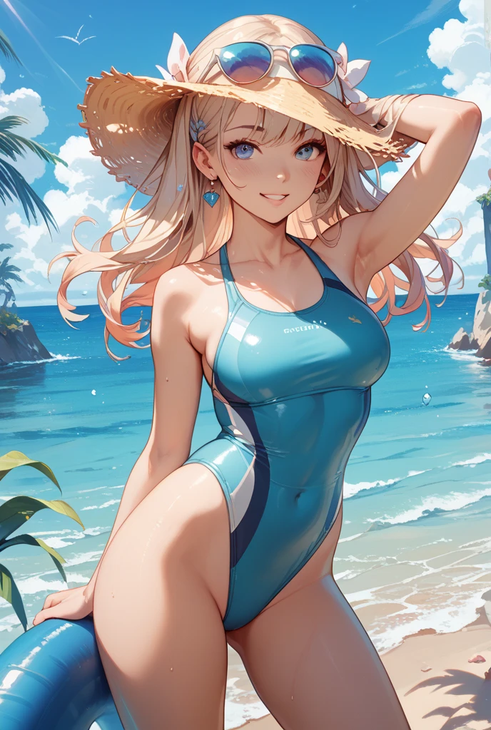 gal, solo, swimsuit, bikini, Slingshot bikini, Ocean, Sunburned skin, blonde, ponytail, Shiny skin, Grin, large Breasts, barefoot, Cleavage, ((cuvy)),