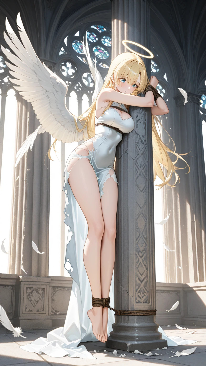 ((Best Quality)), ((masterpiece)), (detailed), 1 girl, with white leotard, long blond hair, green eyes,Angel wings, tanned skin, big breasts,sitting, crossed legs,((Whole body)), ((right side profile view))..