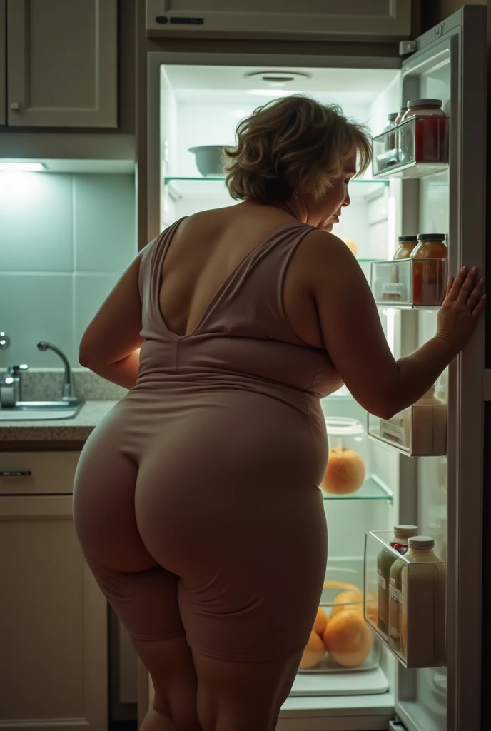 Back view of a woman squatting in front of a refrigerator, wearing only an apron and showing her back, 1950s background