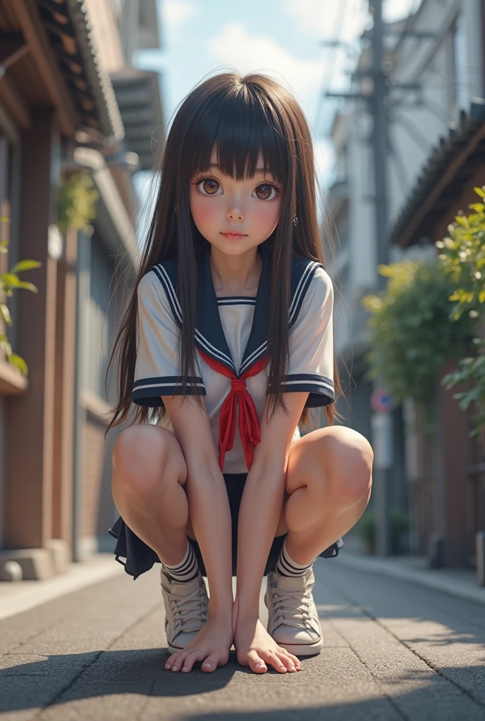 Need，tmasterpiece，Loli，Two people，whaite hair，Golden eyes，Manteau blanc，Look up，full bodyesbian，Hairline，White skin of the，SideBraid，ear studs，White panties fall off from below the knee，There is a band-aid on the chest，Little blonde girl sitting side by side on the floor,Open your legs to reveal your panties， Realistic anime little girl rendering, render of a cute 3d anime girl, Anime，Wear a low cut，Miniskirt，Blue and white striped socks，carrying red school bags，saliva，Wet clothes，see-through transparent clothes，Urine runs down the thighs