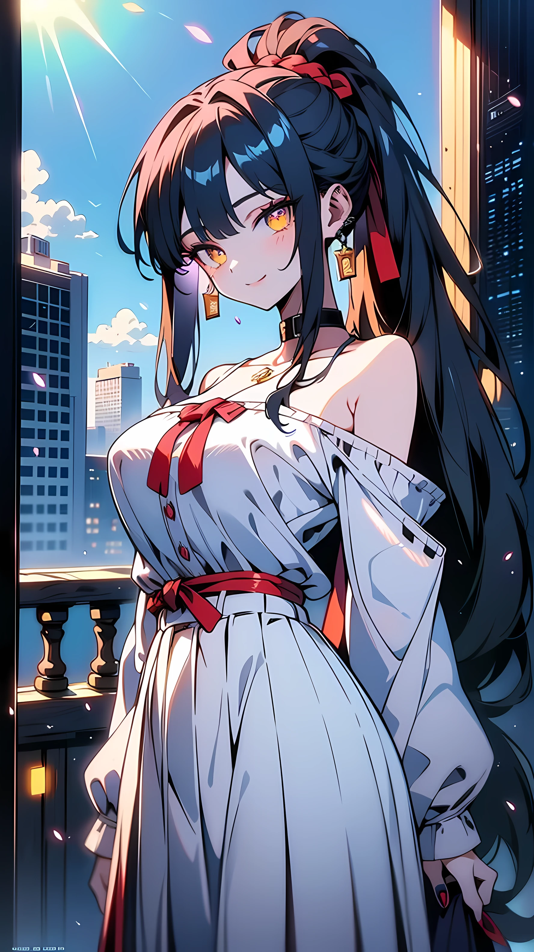 beautiful young woman in her mid-20s, black hair, very long hair, ponytail, side hair strands, amber eyes, shiny eyes, very long and thick eyelashes, gentle smile, soft expression, slightly round face, E-cup, large breasts, slim waist, smooth skin, wearing an off-shoulder white blouse, short pleated skirt, casual summer outfit, cheerful mood, light breeze, standing outdoors, natural light, fashionable, stylish
masterpiece, best quality, ultra detailed, high resolution