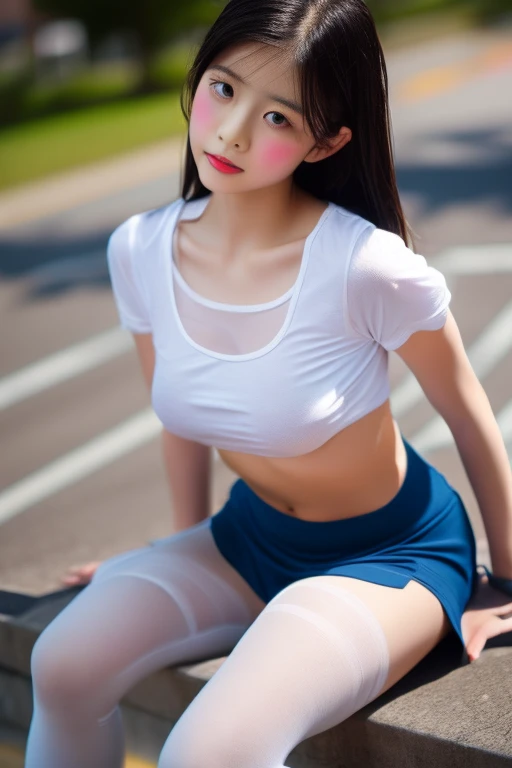 (masterpiece, highest quality:1.4), (12 year old girl), (Erotic cute little face:1.5), (Kneeling and open leg pose:1.8), (1 beautiful girl:1.2), (too small nose), (white full body tights:1.5), (Tights whose fabric is too thin:1), Deftifa, white crop top, elbow pad, black gloves, suspenders, white knee socks, beautiful thighs, eyebrows too thin, slender body shape, tifa lockhart masturbation, daytime park, Really cute girl, highly detailed face, very big eyes, highly detailed skin, skin pores, scattered below the surface, realistic, lips slightly open, The whole face turns red, The whole body is wet with sweat, detailed background, written boundary depth, volume lighting, sharp focus, confused, realistic, ((anatomically correct)), (perfect limbs:1.4), 16K HDR,