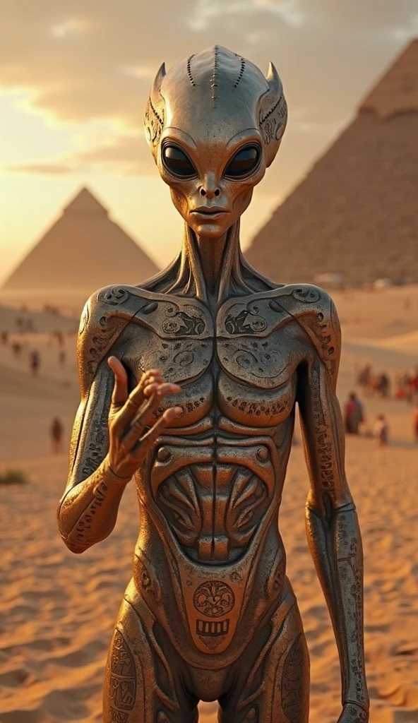 alien do a selfie at Nazca Lines 8k photorealistic, pyramid background