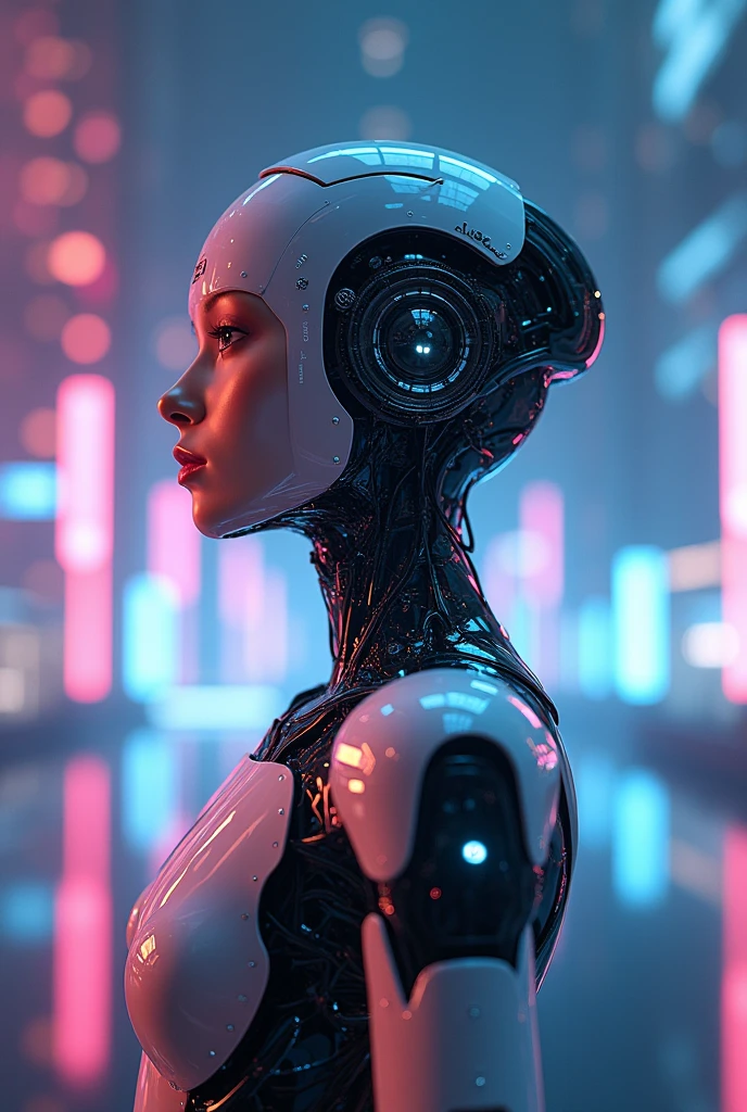 front view, a sexy female robot,glossy metallic body, glowing blue circuitry, beautiful detailed eyes,beautiful detailed lips,extremely detailed face and skin,long eyelashes,seductive pose,intricate mechanical details,futuristic sci-fi setting,dramatic lighting,cinematic composition,(best quality,4k,8k,highres,masterpiece:1.2),ultra-detailed,(realistic,photorealistic,photo-realistic:1.37),highly detailed, cinematic, dramatic lighting,vibrant neon colors