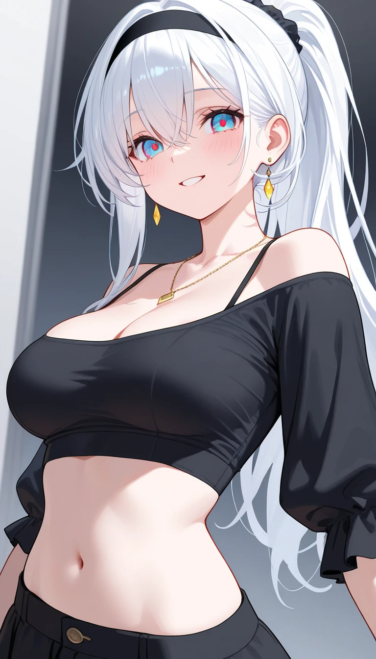 (Ultra-high resolution, masterpiece, Textured skin, Super detailed, Attention to detail, high quality, 最high quality), Detailed face, 1 Female, Mature beautiful woman, (Beautiful breasts), (Silver hair tied up, Long Hair), (Short black top, Jeans pants), Are standing