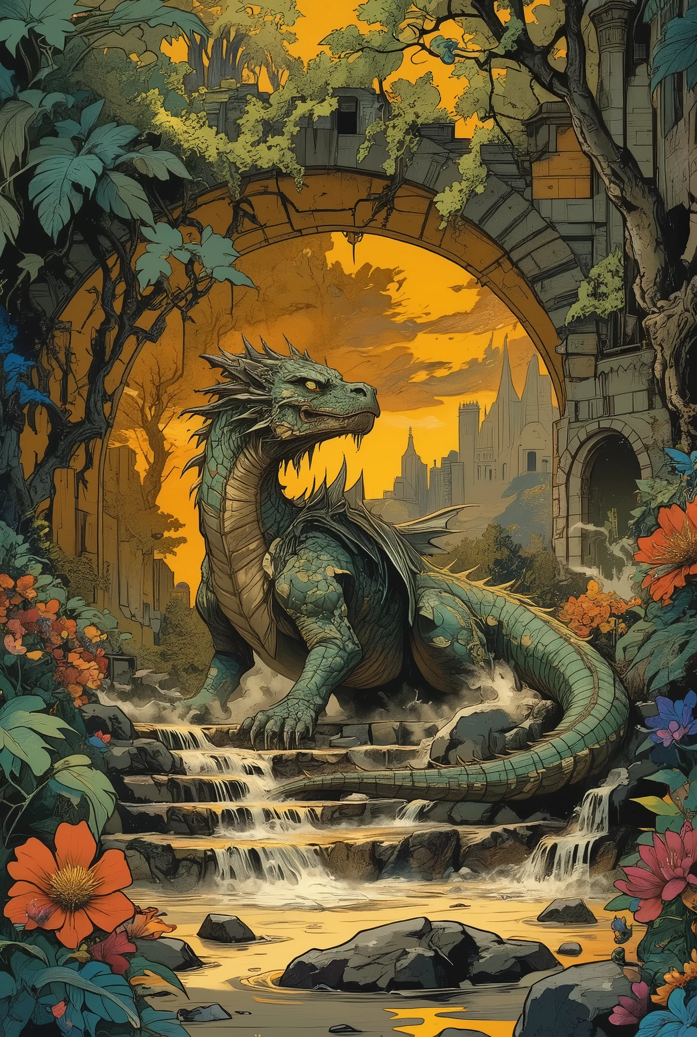 An island lost in time lies in ruins, swallowed up by jungles and sands. Giant ruined stone arches covered with moss and vines. The water seeping through the cracks creates small waterfalls flowing down the steps overgrown with bright tropical flowers.
And in the midst of this forgotten greatness, there is a dragon. Not just a beast, but an ancient guardian, the last witness of the past. His scales, like antique bronze, shimmer under the rays of the setting sun, and his eyes burn with wisdom and sadness. The wings, which look like webbed sails, are partially damaged. He lies with his tail wrapped around the rocks, as if guarding what's left of his world.There are traces of his presence all around: charred trees, giant claw prints on rocks, bones of unknown creatures. There is a haze in the air, and in the distance, beyond the island, a storm is raging, ready to swallow up these last remnants of mystery.Colors: Warm golden and ochre tones of the ruins, contrasting with the deep blues and greens of the jungle and ocean.Foreshortening: Low viewing angle to emphasize the scale of the dragon and the ruins.Digital painting in the genre of fine art by Drew Struzan and Karol Buck, Gothic art, Dark and mysterious, , russ mills, DRC, The Dark Tale of Studio Ghibli, aidmafluxpro1.1, Agdart_stil.