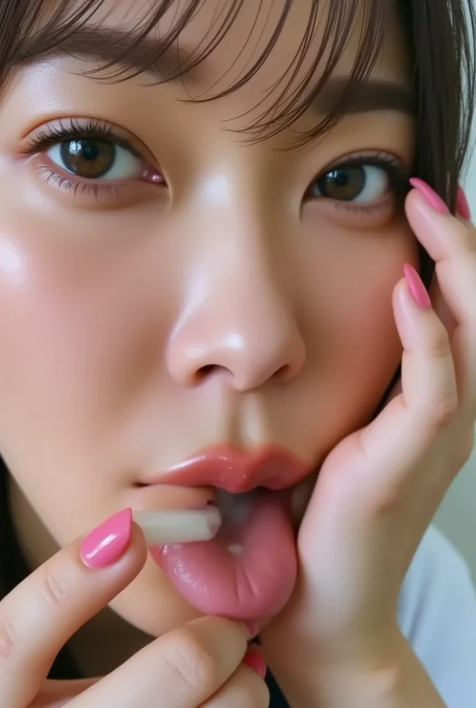 masterpiece, best quality, highres,1girl,beautiful woman,fellatio,face focus,ice cream,looking at viewer