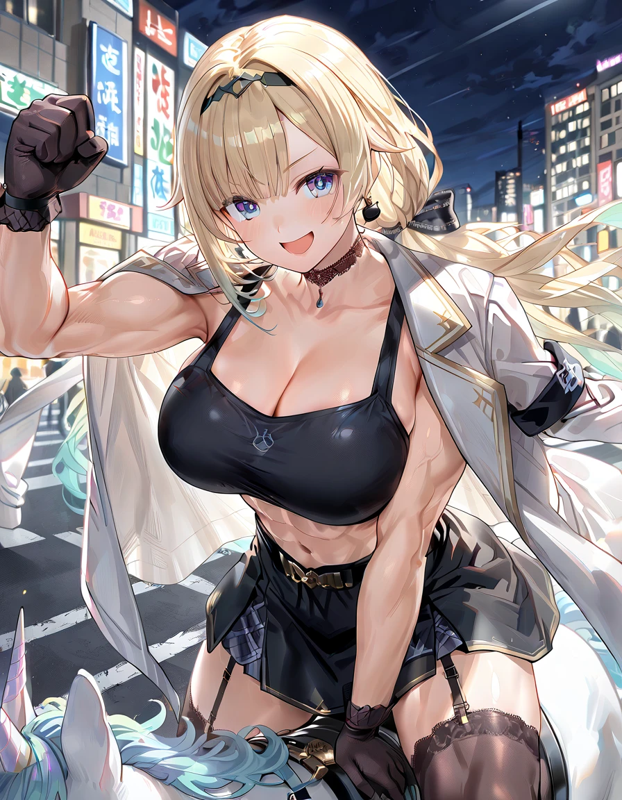 1girl, big breasts, high heel boots, mini skirt, chubby belly, blonde, twintails, choke, garterbelt, mesh stockings, cyberpunk city background