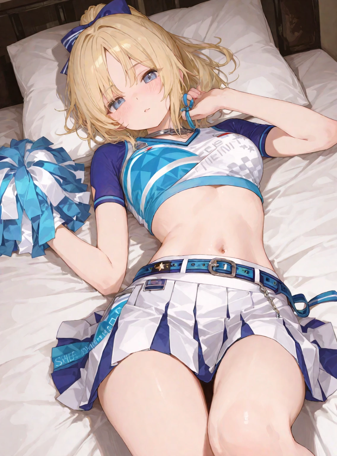 1girl, rumia tingel, blonde hair, blue eyes, garter straps, green ribbon, hair ornament, hairclip, medium hair, red ribbon, school uniform, single glove, suspenders, thighhighs, white shirt, white skirt, solo, from above, lying, on back, on bed, arm up,  