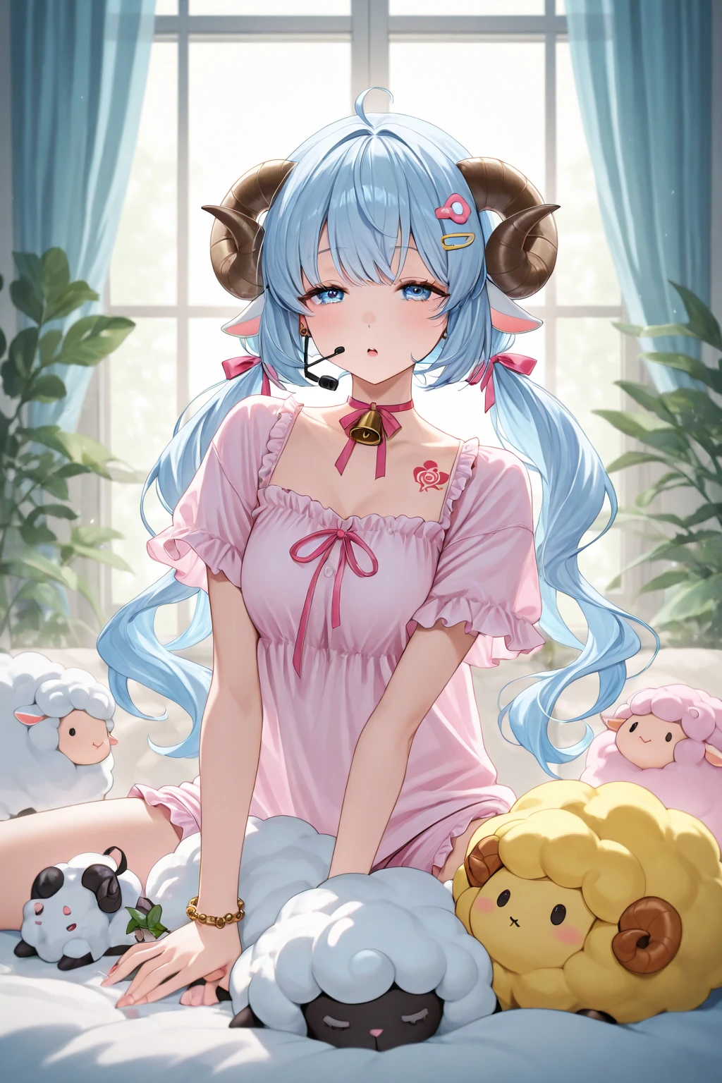 ((detailed pink castle background)) (pink castle, pink lighting, bright light, witchcraft) cow girl with blue spots, cow ears, cow pattern clothes, dressed as a cow, blue spots, blue spotted cow, bright room, dim light, masterpiece, realistic, oil painting, detailed background, 4k, 8k, illustration, pink room,