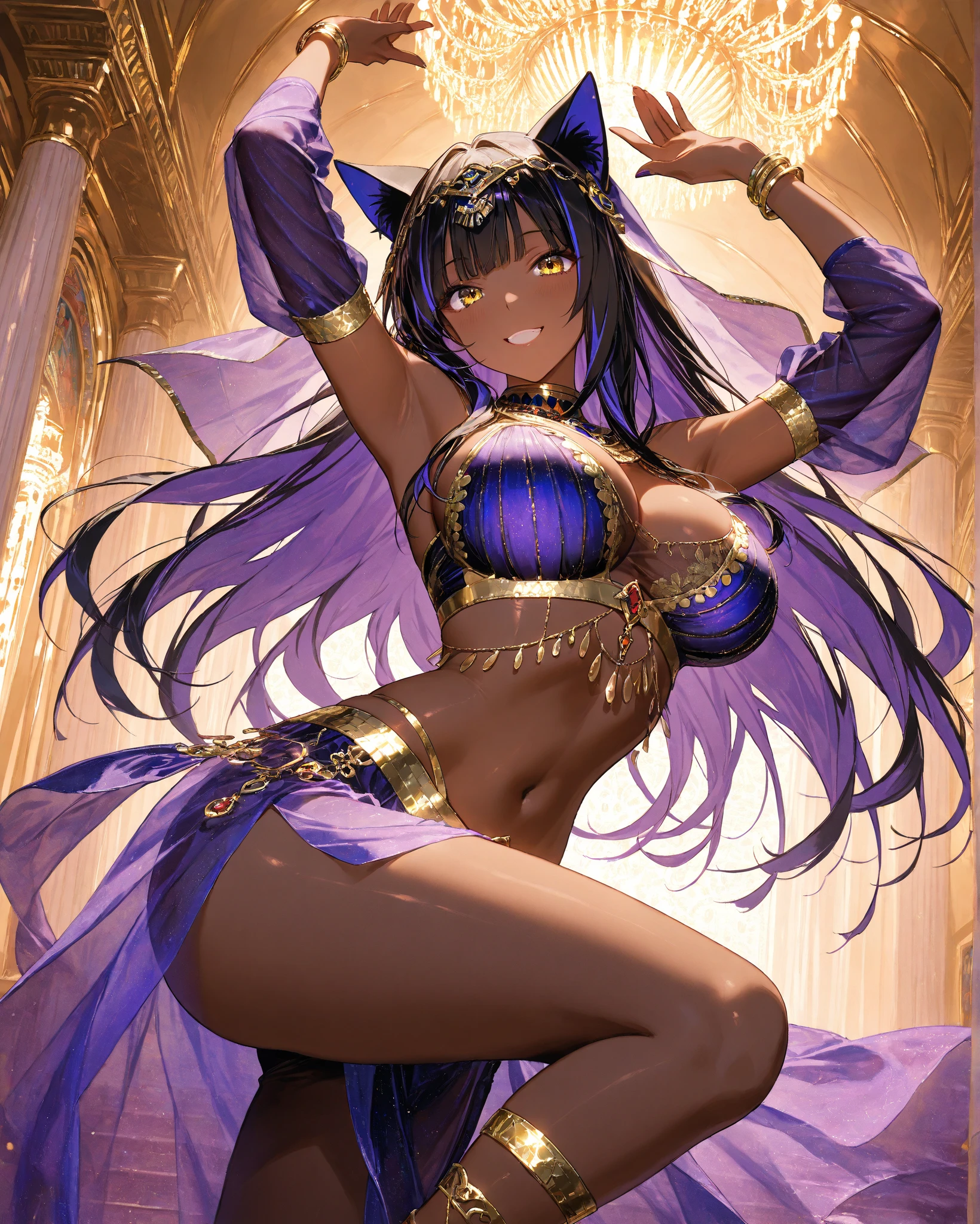 1girl, navel up shot , armpit, (voluptuous lips), opened mouth,kissing lips ,seductive smile, smiling full of compassion, heart shaped pupils, blushed, super cute, innocent, perfect body , medium large breast, opened mouth,thin eyebrows, top quality, wearing sexy maidgical wizard girl costume, it is consist of purple long sleeved robe, delicate frilled, complicated pattern, transparent, metal bikini armor , navel baring, fox tail, flashy accessories, ((pierce on nose:1.5)), spiral cloud with lightning background