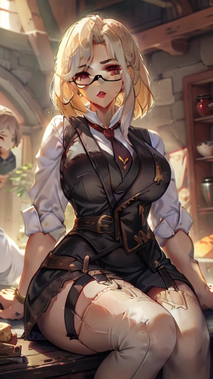 masterpiece, best quality, very aesthetic, absurdres, 1girl, mature_lady, suck own ,,Lynette, animal ear fluff, Animal ears, Cat ears, facial mark, Hair Bow, Purple_eyes, Brown hair, Star, Star on cheek, bow, green bow,  Leotard, Long sleeves, miniSkirt, pantyhose, top_hat,,in hell,blur background,background defocus
