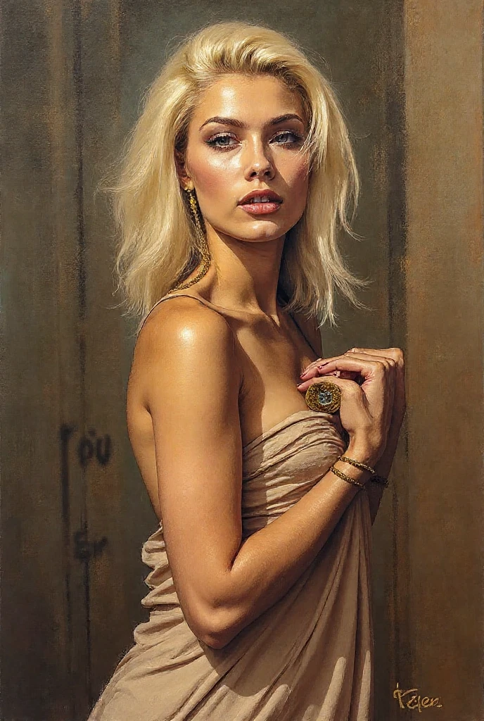 masterpiece, portrait of Mediterranean woman as a courtesan in 19th century, 8K, 1 girl, realistic painting, detailed face, pretty face, Mediterranean complexion, olive skin tone, ((olive skin: 1.7)) detailed eyes, tan skin, big eyes, ((full lips)), platinum blonde hair, ((platinum blonde hair)), lifted brows, hairbun, large breasts, huge breasts, (natural breasts), Moulin Rouge, Portrait, ((oil painting)), full cleavage, full lips, soft skin, dark green dress, dreamy look, 