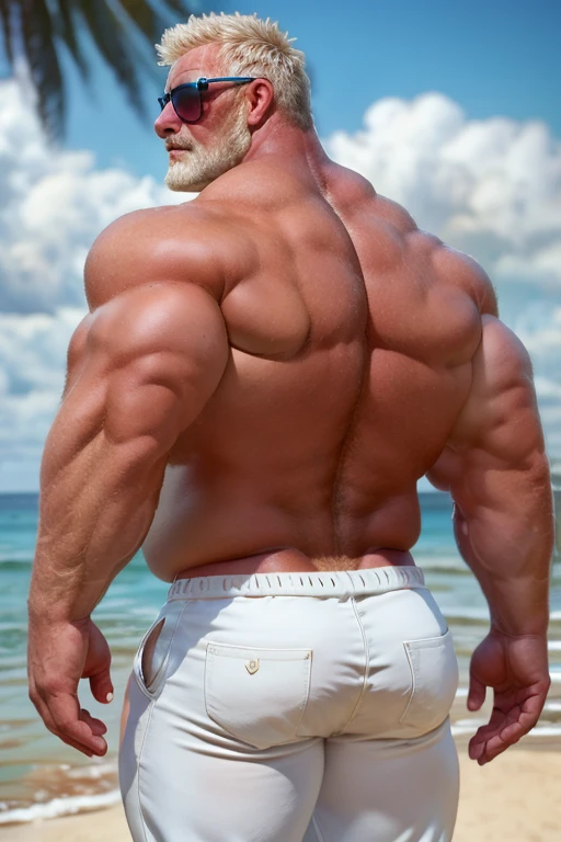 beach, back view, extremely huge muscular, massive muscular, full-body, well-muscled old man in a white shirt and showing back muscle. ((extremely muscle size, super thick arms, huge back, extremely wide back and shoulder , huge arms)).  and add details to make it attractive and interesting. Add textures and details to make the image more realistic, such as the appearance of the shirt texture and the appearance of the skin. Make sure the resulting image is high resolution, 8K quality."