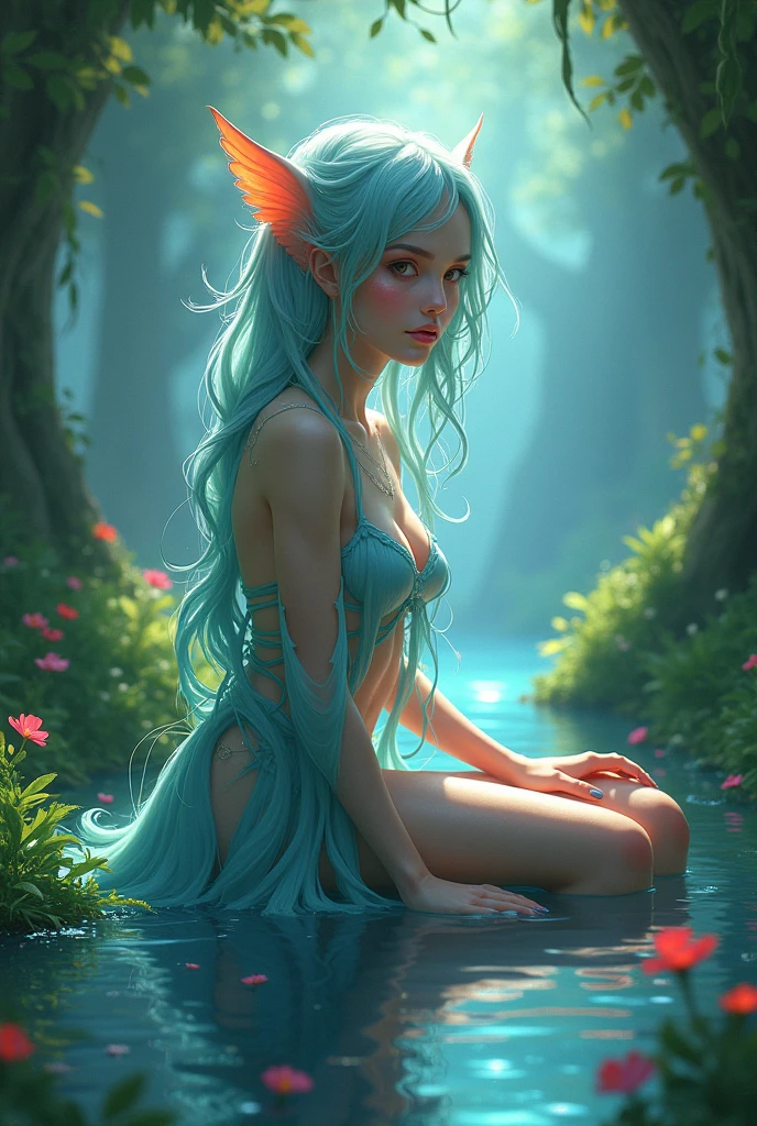 beautiful girl, semi naked long blue hair, beautiful girl sitting in water, dress made of liquid, Water Nymph, Water Fairy, UHD photograph, inspired by Glen Keane, inspired by Lois van Baarle, Disney art professional cosplay, by Lois van Baarle, bright aura around you, by Glen Keane, Jen Bartel, Bright lights! Digital painting, shiny and flowing hair, shiny and flowing hair, Beautiful digital illustration, fantasy otherworldly landscape plants flowers, gorgeous, Masterpiece, Best quality, Disney style anime